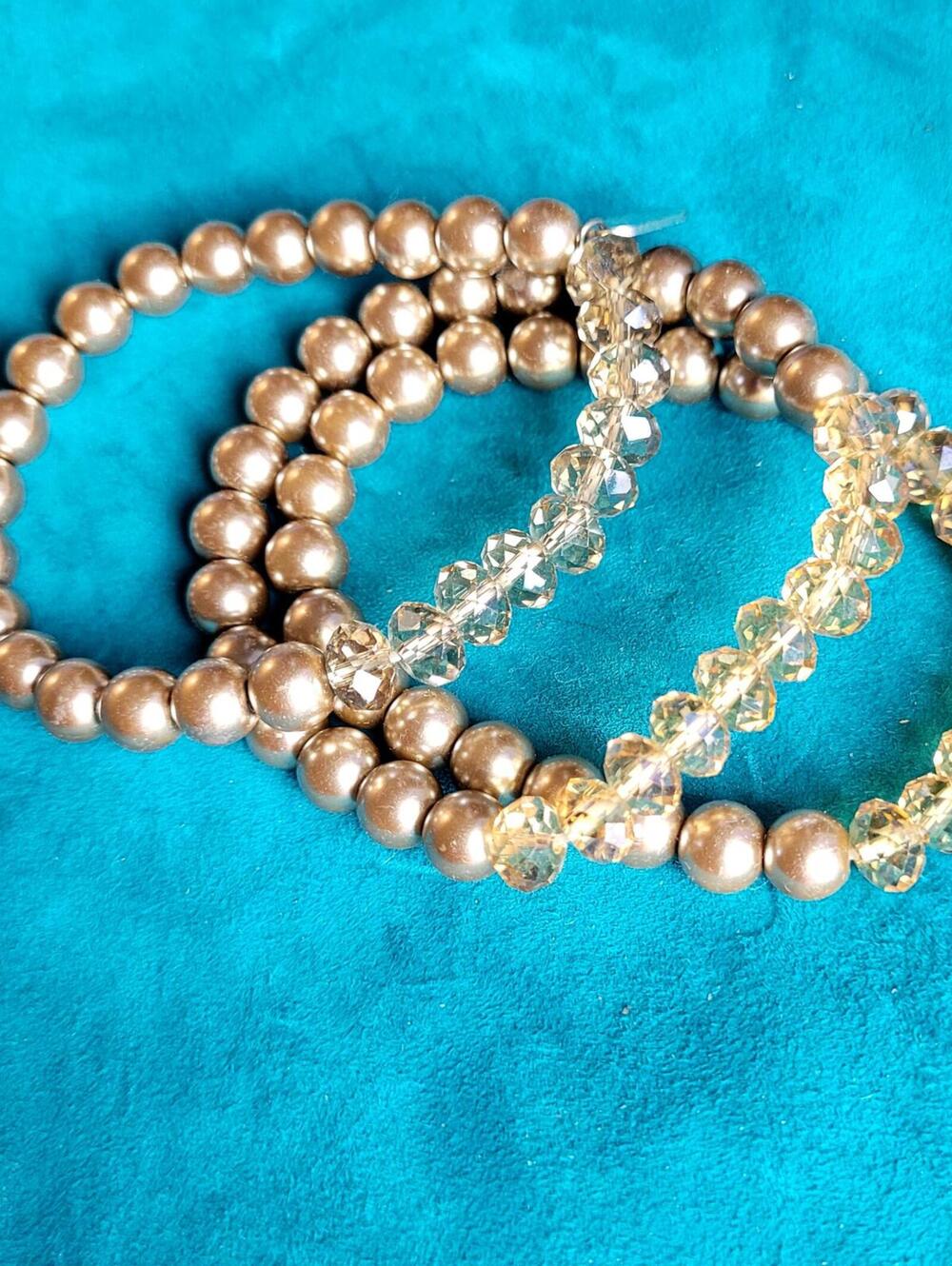 VTG Kissaka Set/3 Stretch Bracelets Champagne Glass Pearls and Crystal Beads